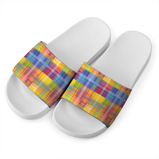 Rainbow Plaid Pattern Print White Slide Sandals