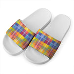 Rainbow Plaid Pattern Print White Slide Sandals
