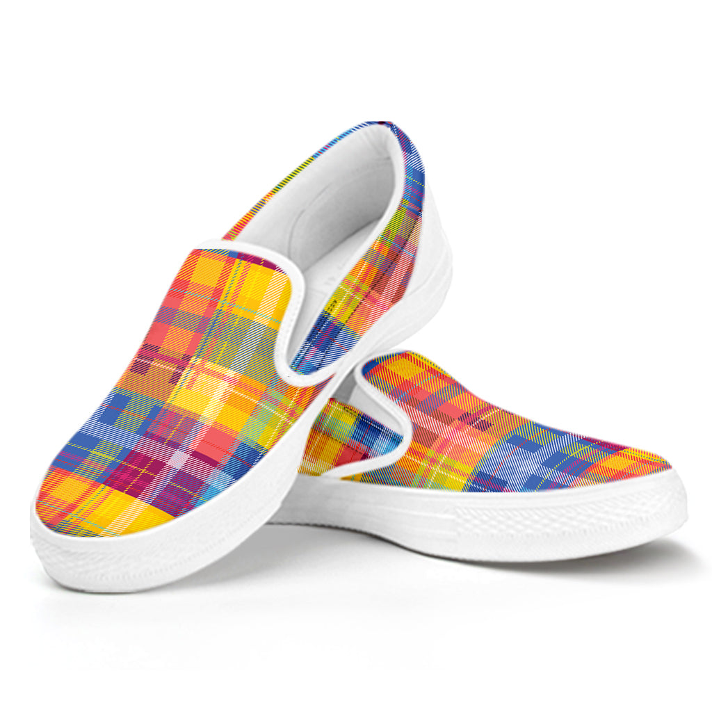 Rainbow Plaid Pattern Print White Slip On Shoes