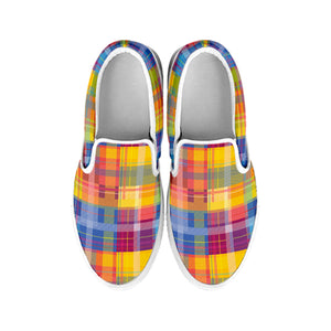 Rainbow Plaid Pattern Print White Slip On Shoes