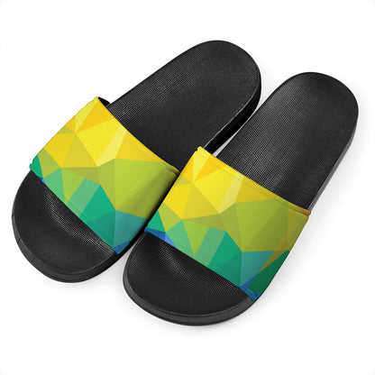 Rainbow Polygonal Geometric Print Black Slide Sandals