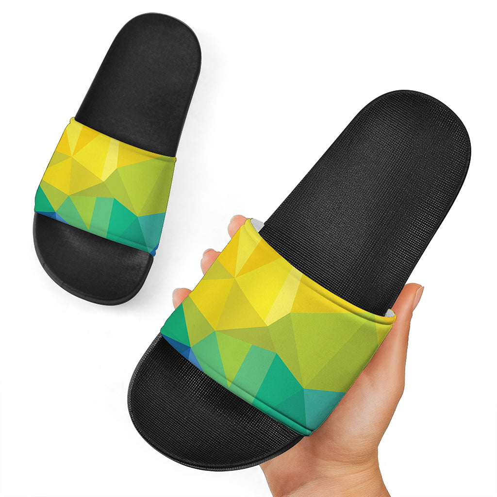 Rainbow Polygonal Geometric Print Black Slide Sandals