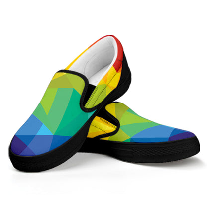 Rainbow Polygonal Geometric Print Black Slip On Shoes