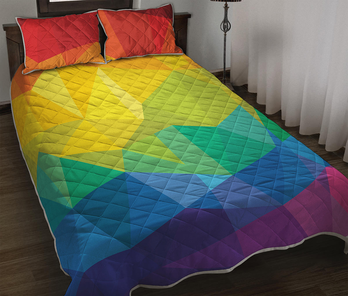 Rainbow Polygonal Geometric Print Quilt Bed Set