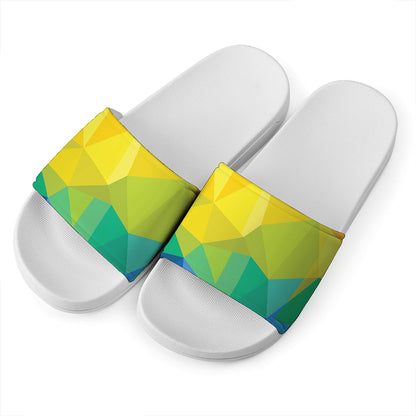 Rainbow Polygonal Geometric Print White Slide Sandals