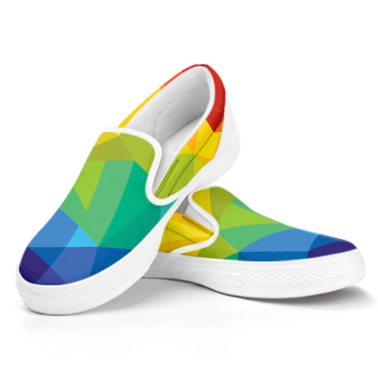 Rainbow Polygonal Geometric Print White Slip On Shoes