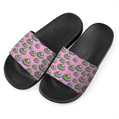 Rainbow Poop Pattern Print Black Slide Sandals