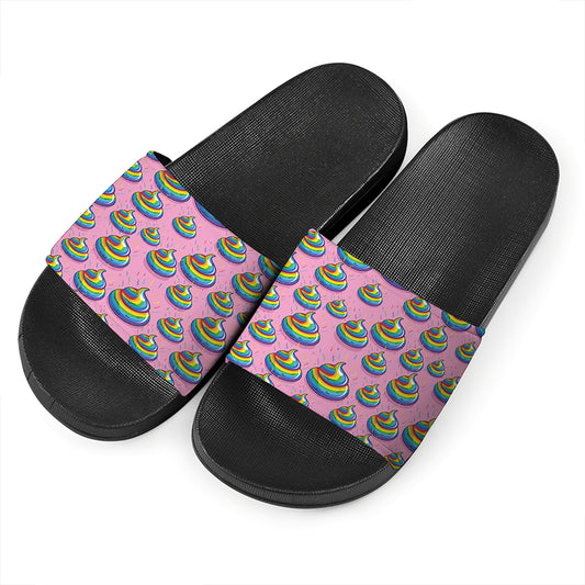 Rainbow Poop Pattern Print Black Slide Sandals