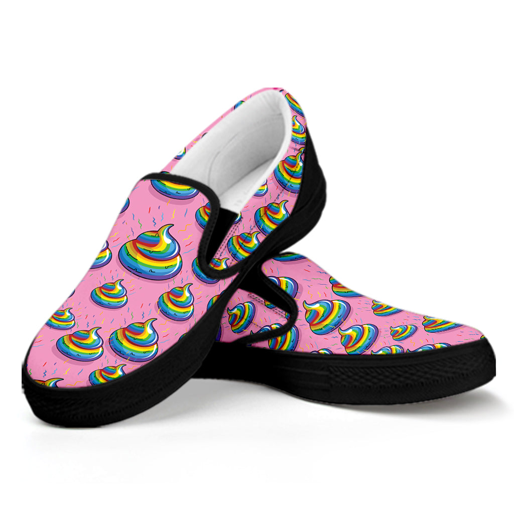 Rainbow Poop Pattern Print Black Slip On Shoes