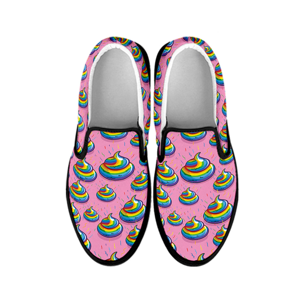 Rainbow Poop Pattern Print Black Slip On Shoes
