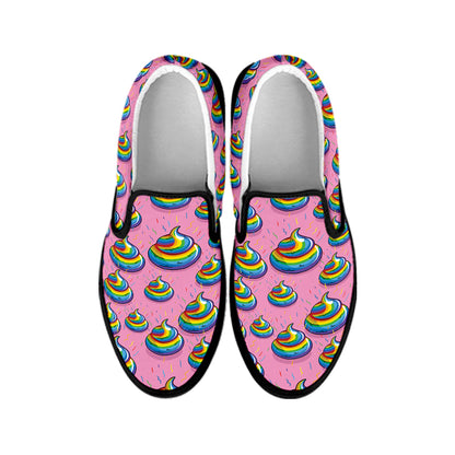 Rainbow Poop Pattern Print Black Slip On Shoes