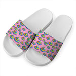 Rainbow Poop Pattern Print White Slide Sandals