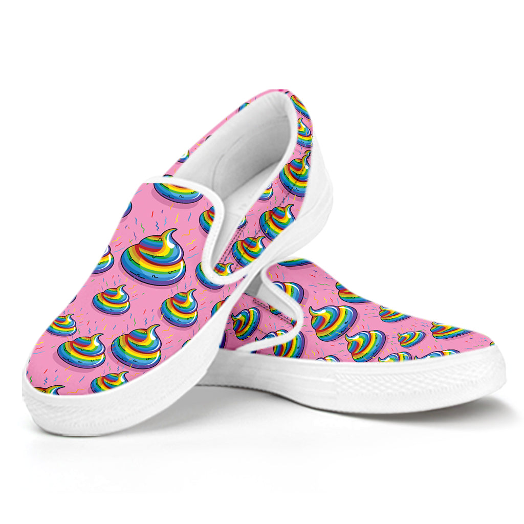 Rainbow Poop Pattern Print White Slip On Shoes