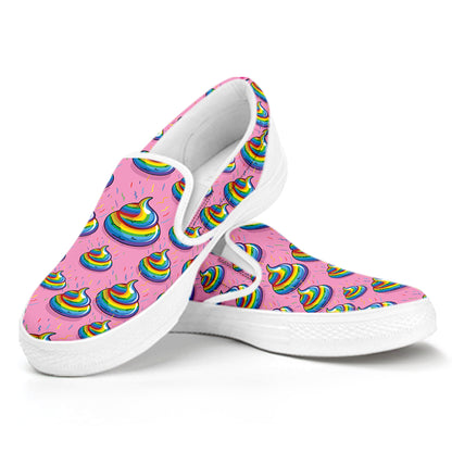 Rainbow Poop Pattern Print White Slip On Shoes