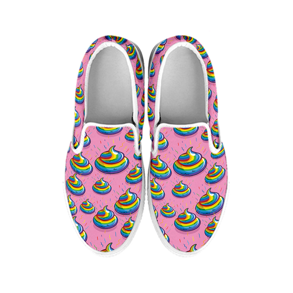 Rainbow Poop Pattern Print White Slip On Shoes