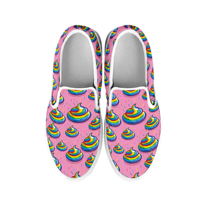 Rainbow Poop Pattern Print White Slip On Shoes