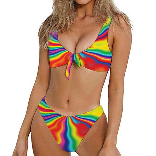 Rainbow Psychedelic Print Front Bow Tie Bikini