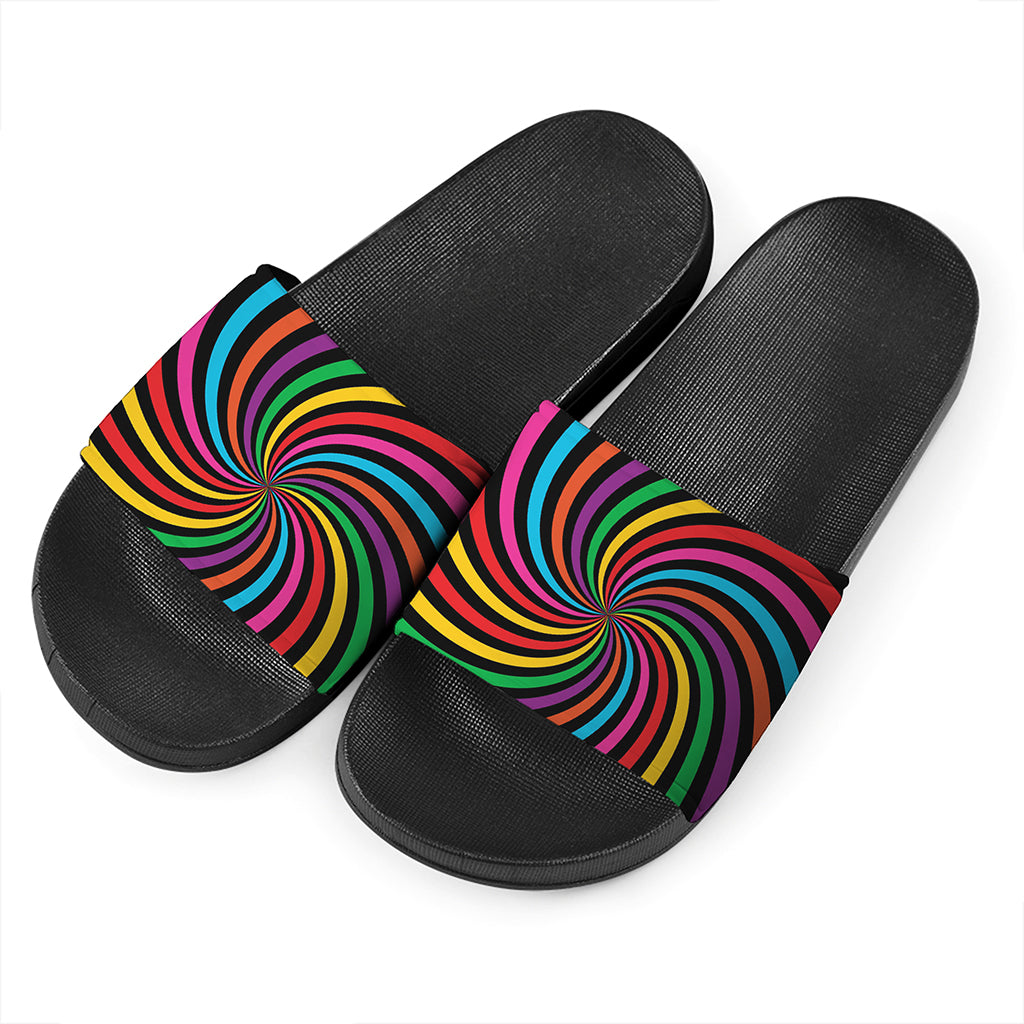 Rainbow Psychedelic Swirl Print Black Slide Sandals