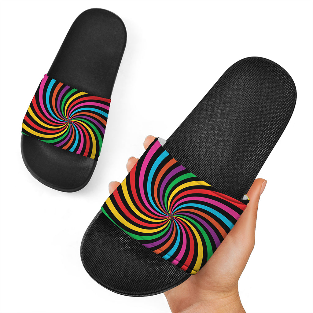 Rainbow Psychedelic Swirl Print Black Slide Sandals