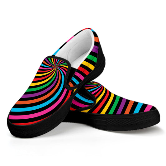 Rainbow Psychedelic Swirl Print Black Slip On Shoes