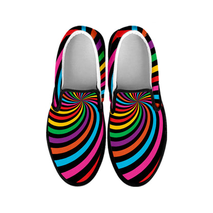 Rainbow Psychedelic Swirl Print Black Slip On Shoes
