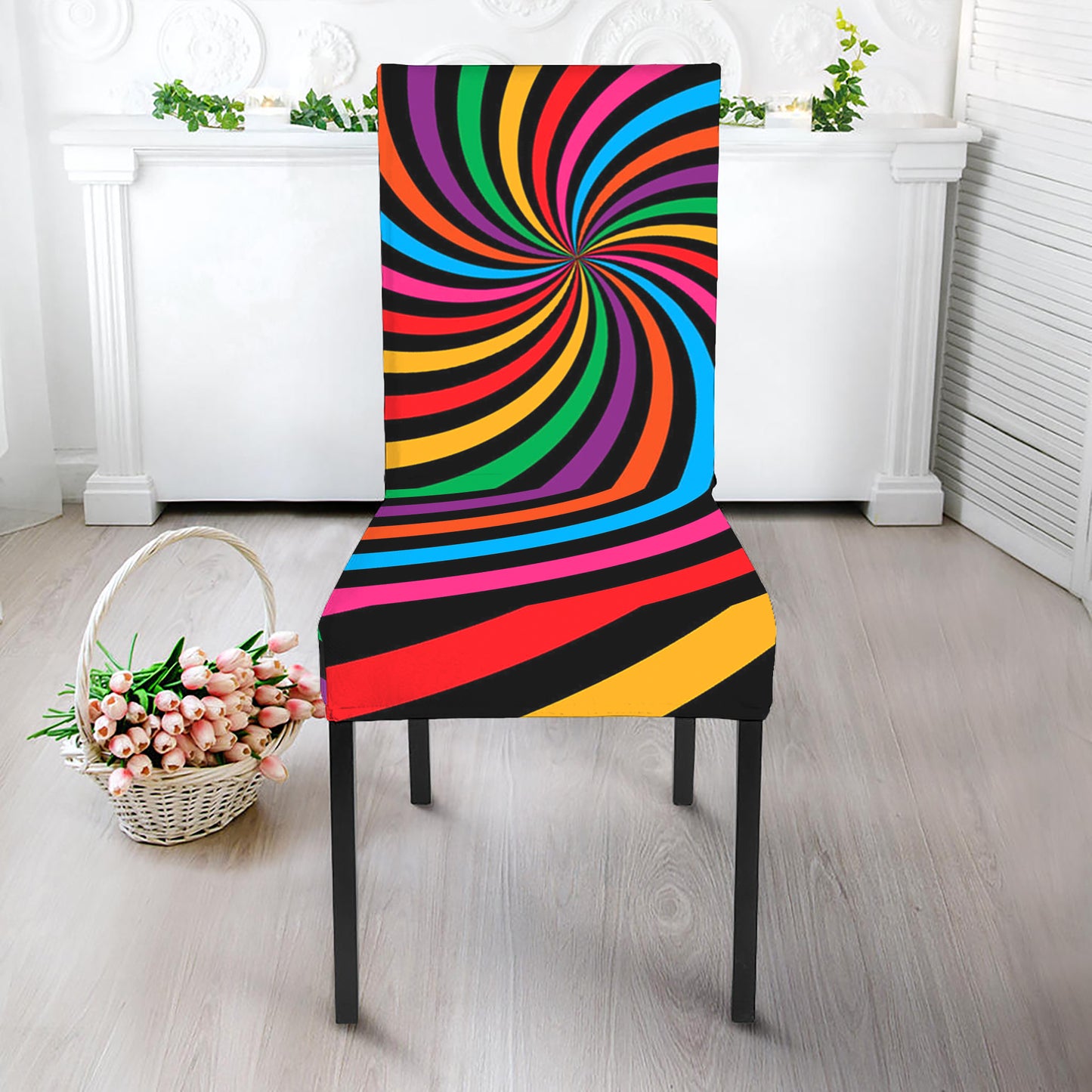 Rainbow Psychedelic Swirl Print Dining Chair Slipcover