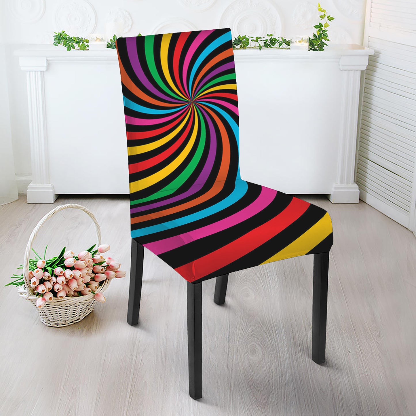 Rainbow Psychedelic Swirl Print Dining Chair Slipcover