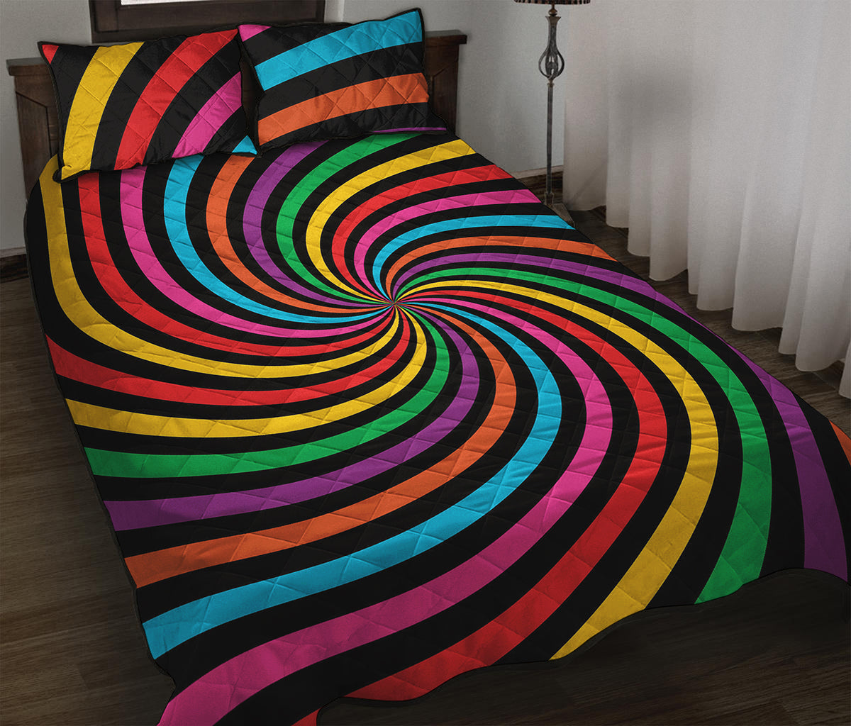 Rainbow Psychedelic Swirl Print Quilt Bed Set