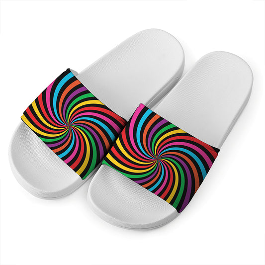Rainbow Psychedelic Swirl Print White Slide Sandals