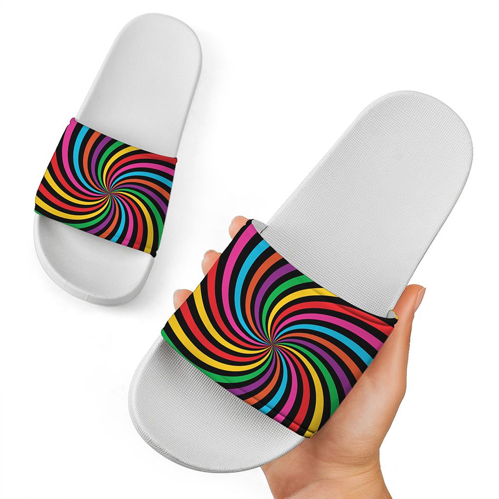 Rainbow Psychedelic Swirl Print White Slide Sandals