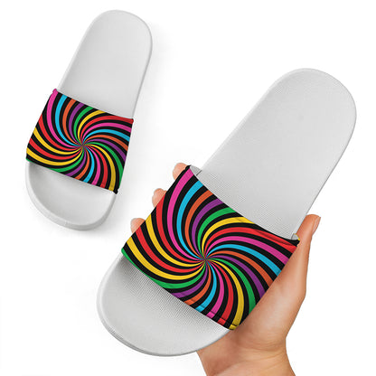 Rainbow Psychedelic Swirl Print White Slide Sandals