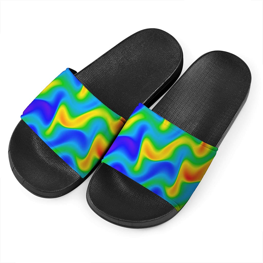 Rainbow Psychedelic Trippy Print Black Slide Sandals