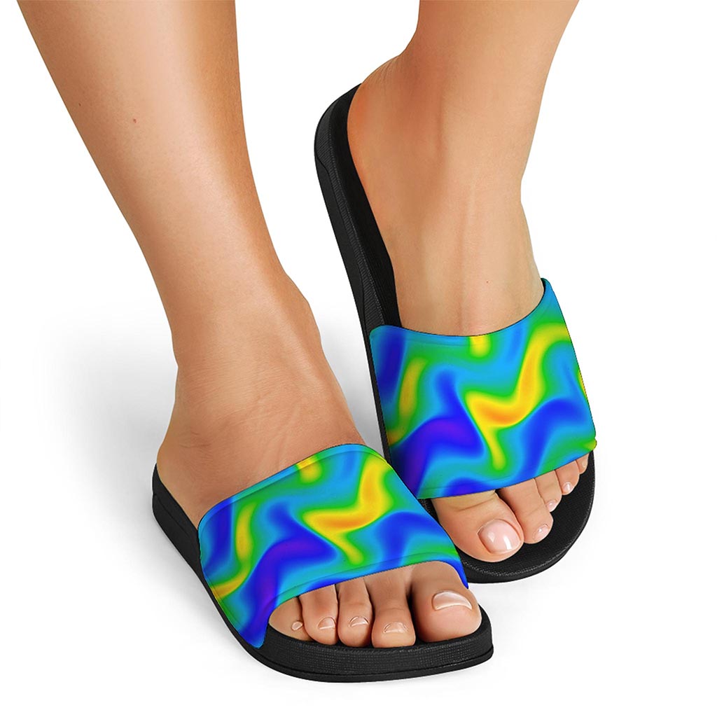 Rainbow Psychedelic Trippy Print Black Slide Sandals