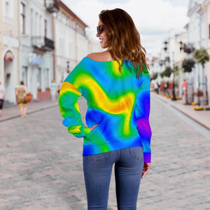 Rainbow Psychedelic Trippy Print Off Shoulder Sweatshirt GearFrost