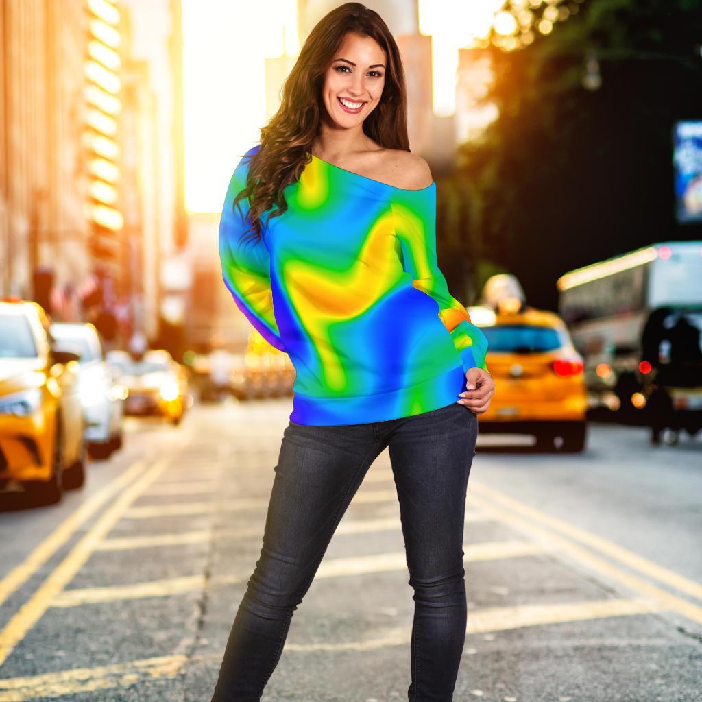 Rainbow Psychedelic Trippy Print Off Shoulder Sweatshirt GearFrost