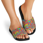 Rainbow Rave Print Black Slide Sandals