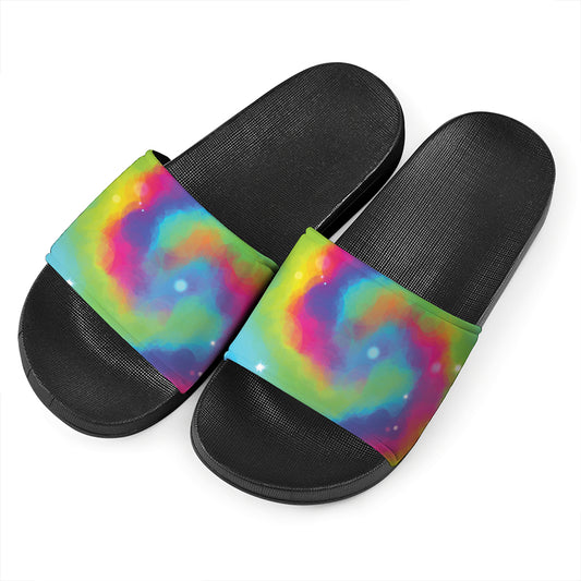 Rainbow Spiral Tie Dye Print Black Slide Sandals