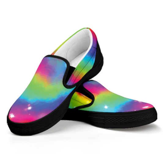 Rainbow Spiral Tie Dye Print Black Slip On Shoes