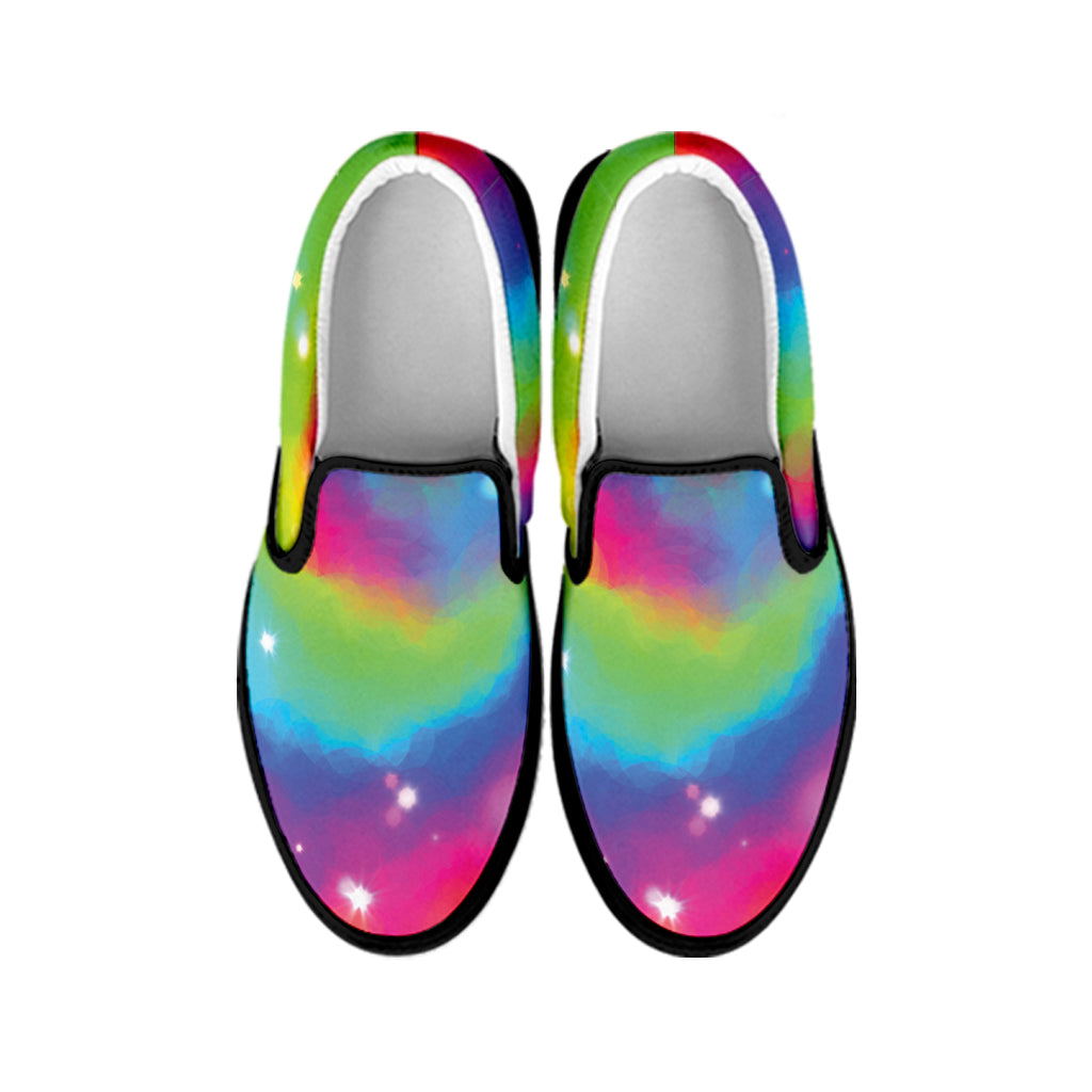 Rainbow Spiral Tie Dye Print Black Slip On Shoes