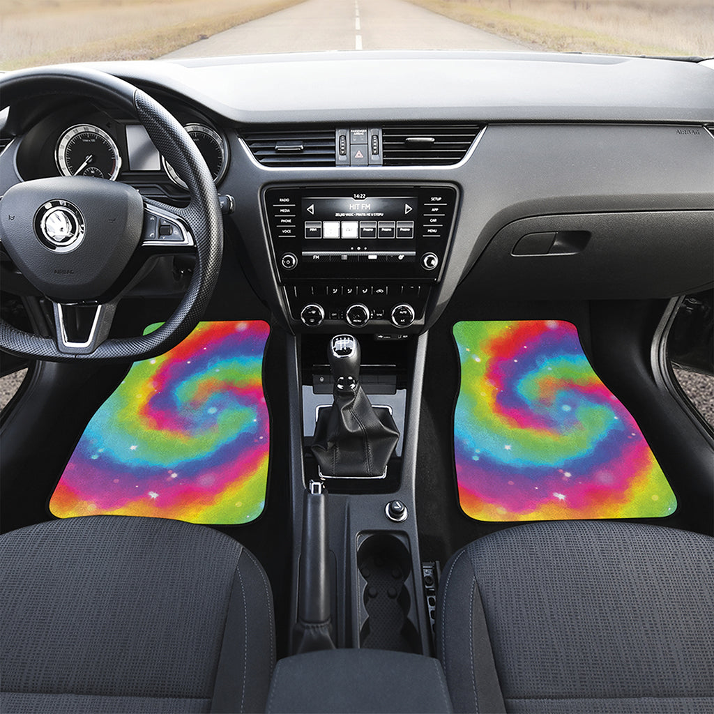 Rainbow Spiral Tie Dye Print Front and Back Car Floor Mats