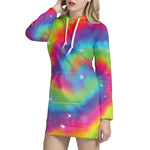 Rainbow Spiral Tie Dye Print Pullover Hoodie Dress