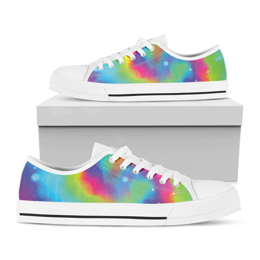 Rainbow Spiral Tie Dye Print White Low Top Shoes