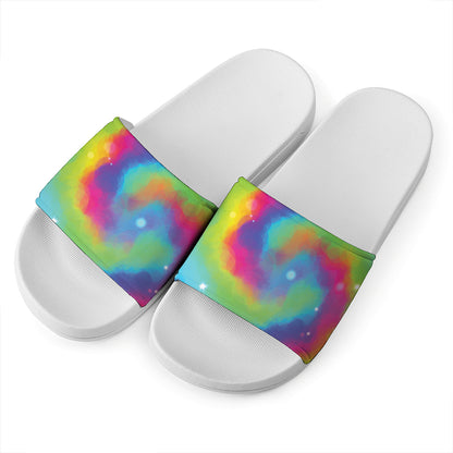 Rainbow Spiral Tie Dye Print White Slide Sandals
