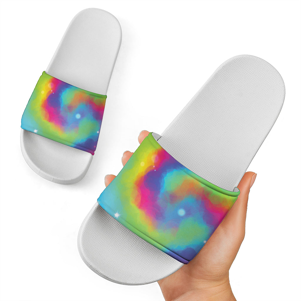 Rainbow Spiral Tie Dye Print White Slide Sandals