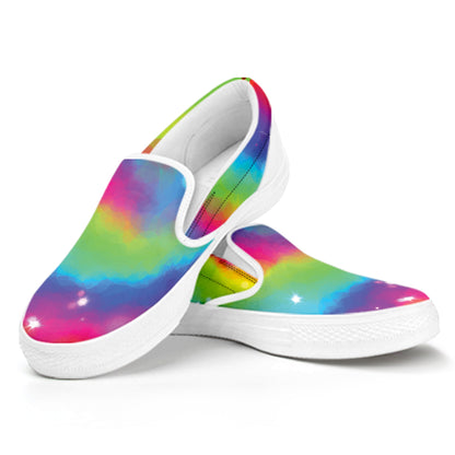 Rainbow Spiral Tie Dye Print White Slip On Shoes