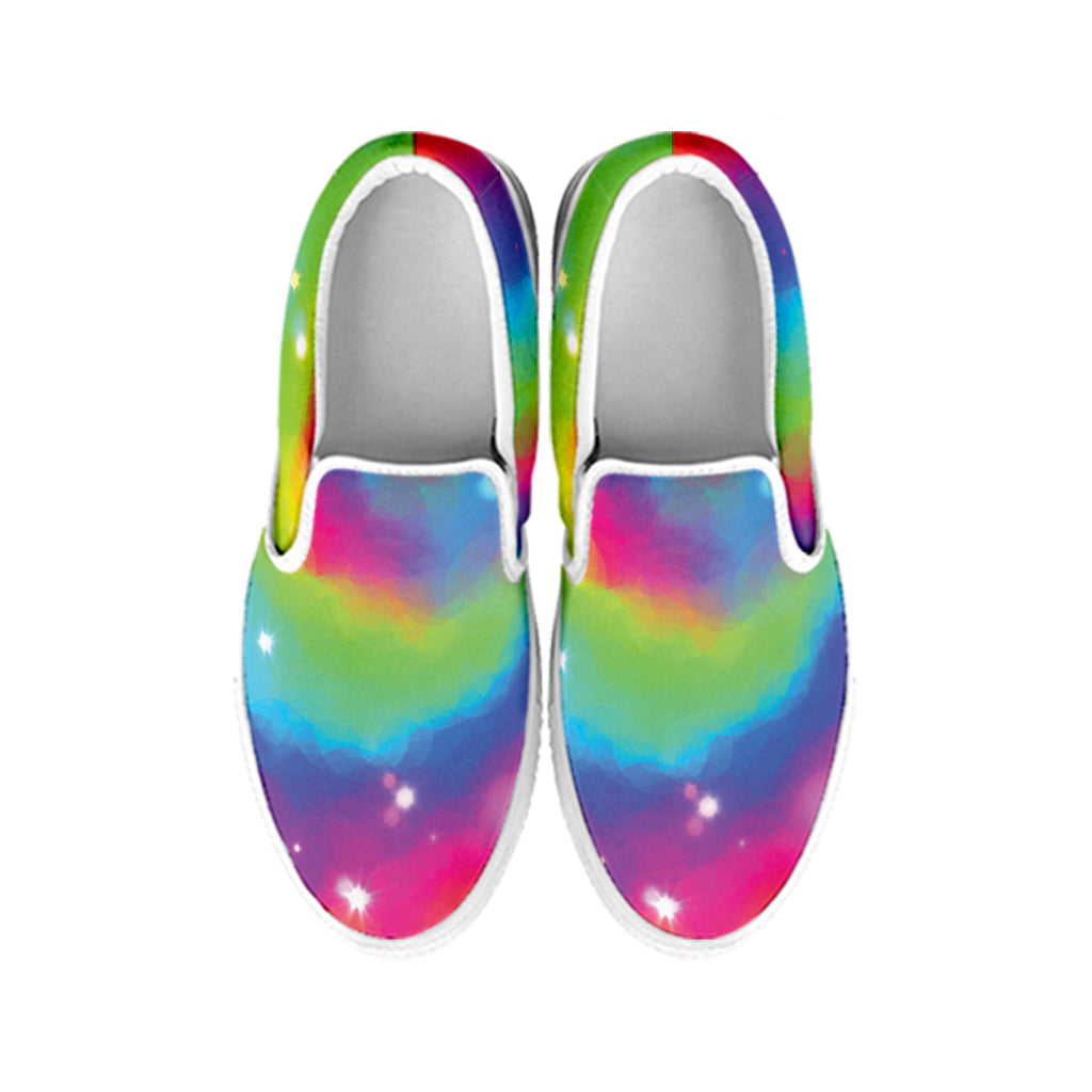 Rainbow Spiral Tie Dye Print White Slip On Shoes