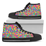 Rainbow Squares Pattern Print Black High Top Shoes