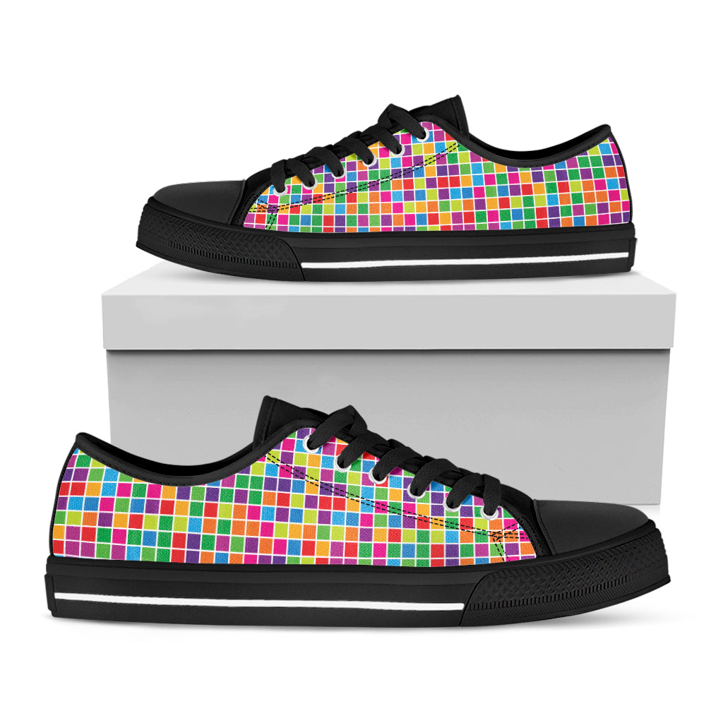 Rainbow Squares Pattern Print Black Low Top Shoes