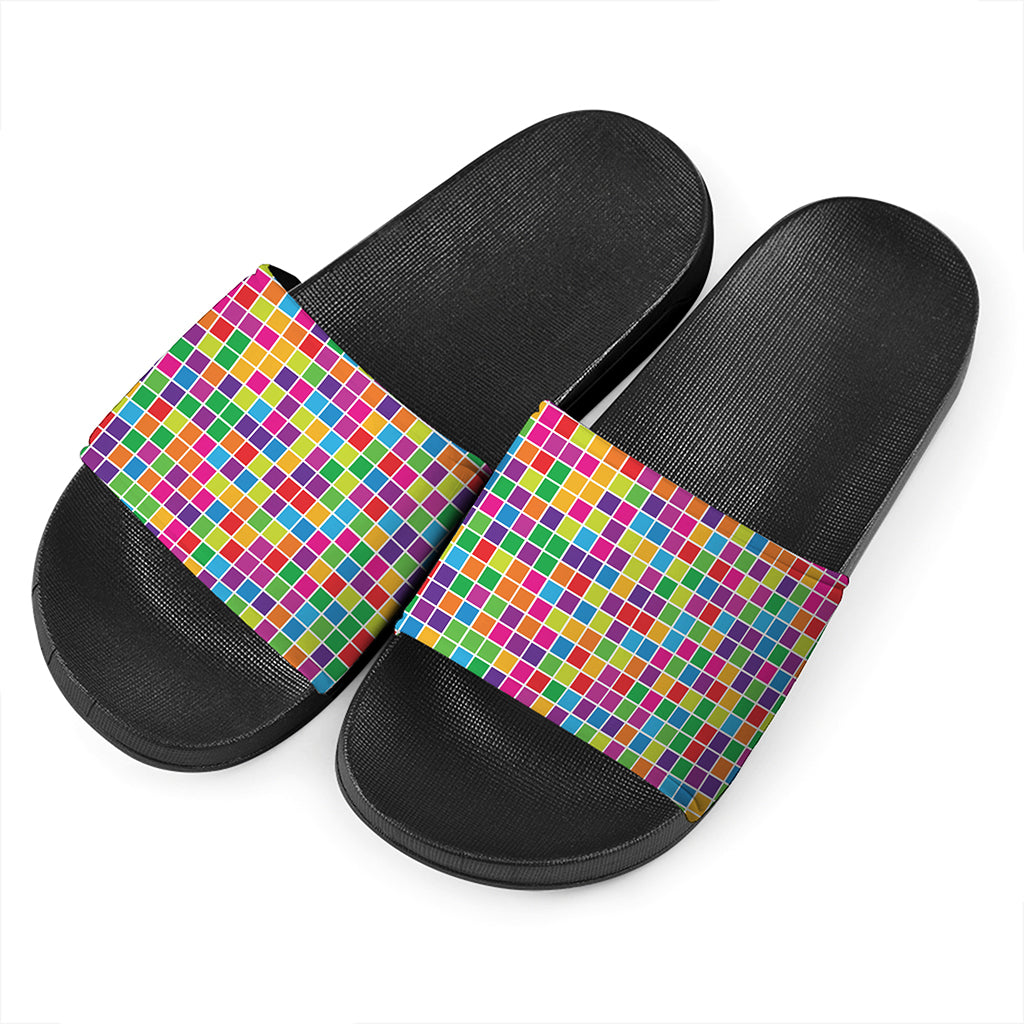 Rainbow Squares Pattern Print Black Slide Sandals