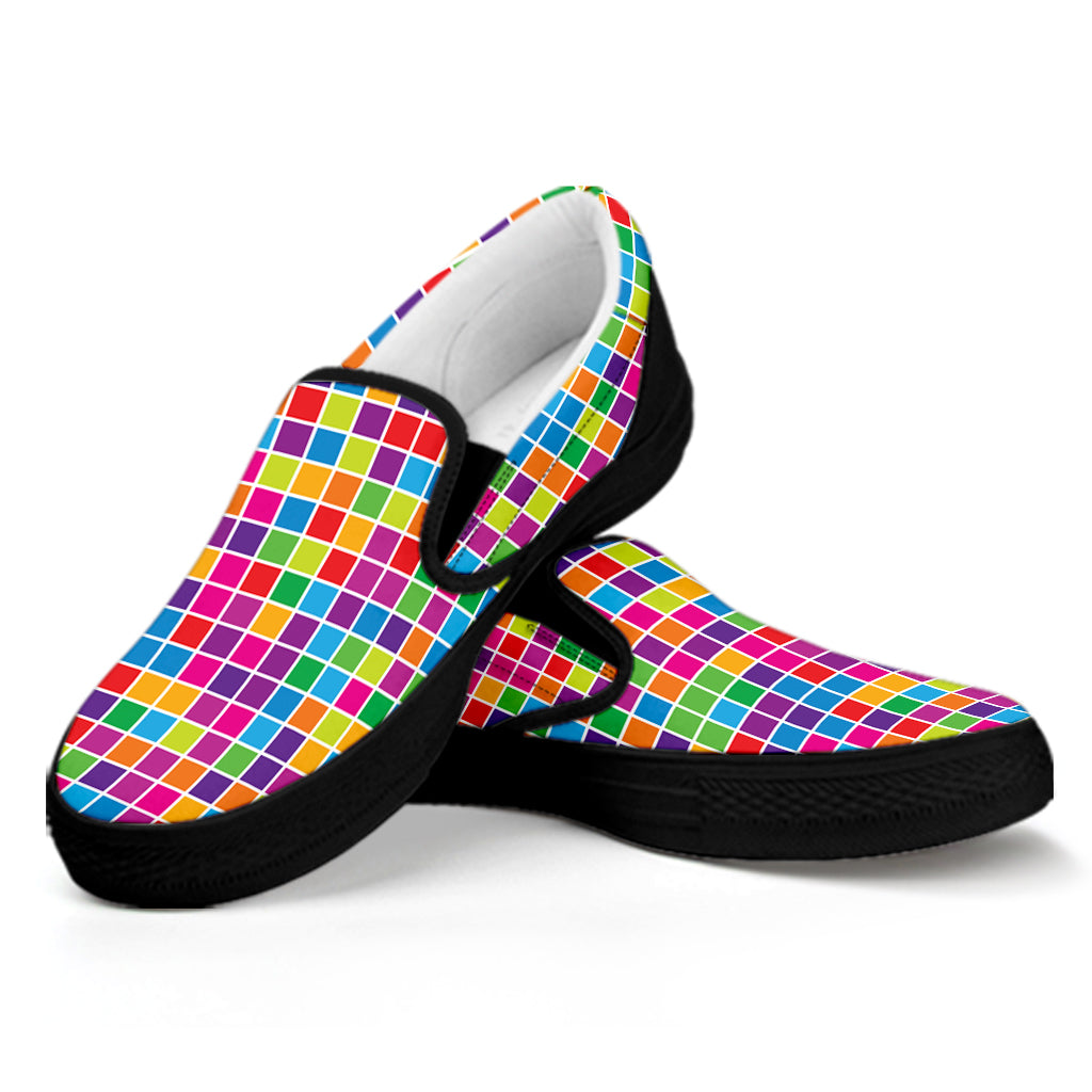 Rainbow Squares Pattern Print Black Slip On Shoes
